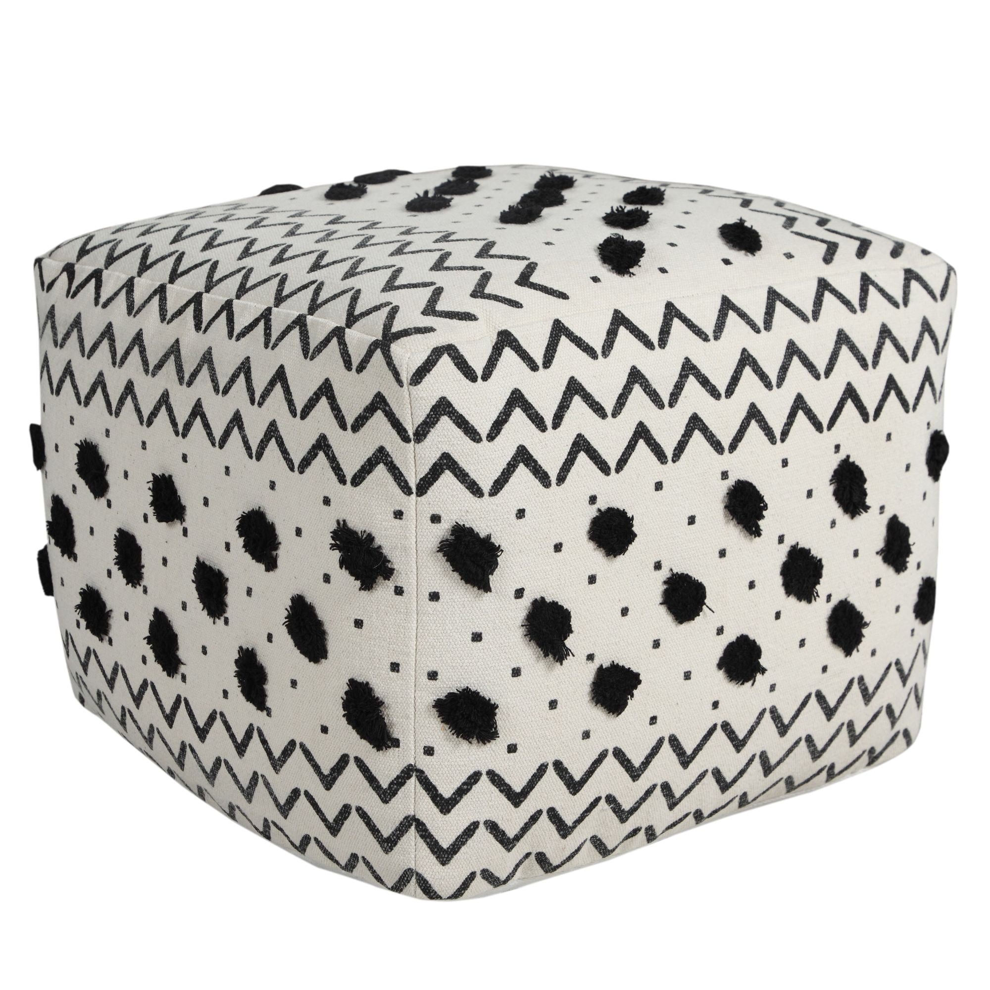 White and Black Geometric Tufted Cotton Square Pouf Ottoman