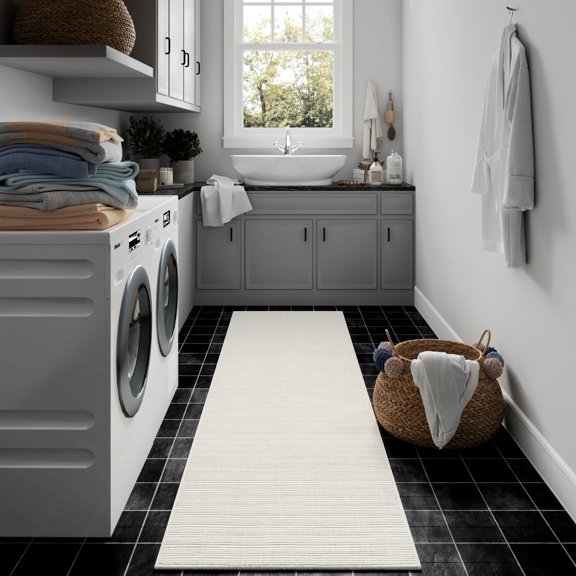 Laddha Home Designs 2.5' x 8' Handwoven Solid Striped Wool Area Throw Rug Runner - Cream