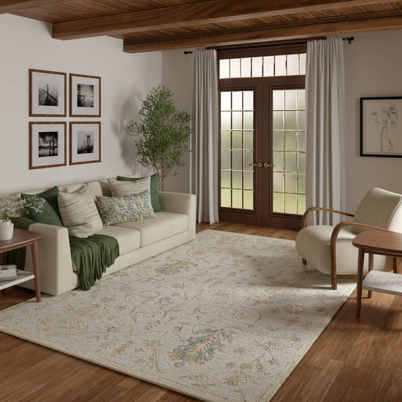 Laddha Home Designs 2' x 3' Hand Tufted Abstract Floral Area Throw Rug - Cream and Blue