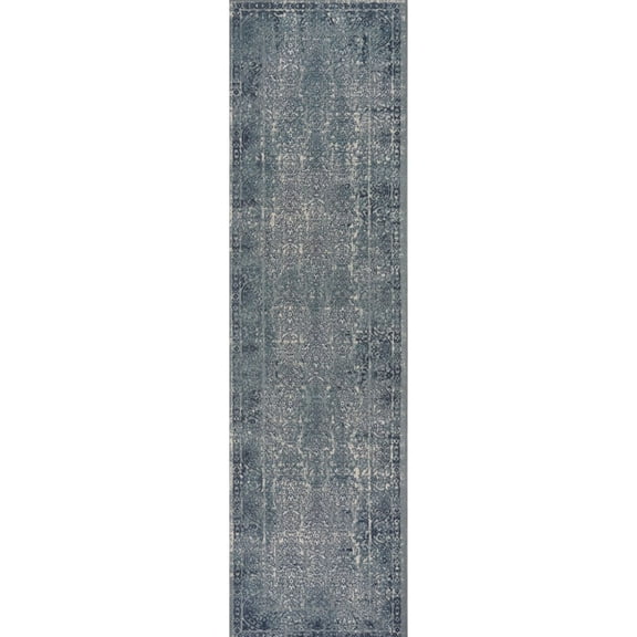 Laddha Home Designs 2' x 7.5' Blue and Gray Distressed Dusk Rectangular Area Throw Rug