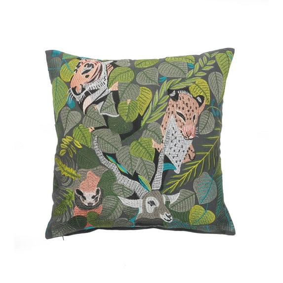 Laddha Home Designs 20" Gray and Green Jungle Scene Square Throw Pillow