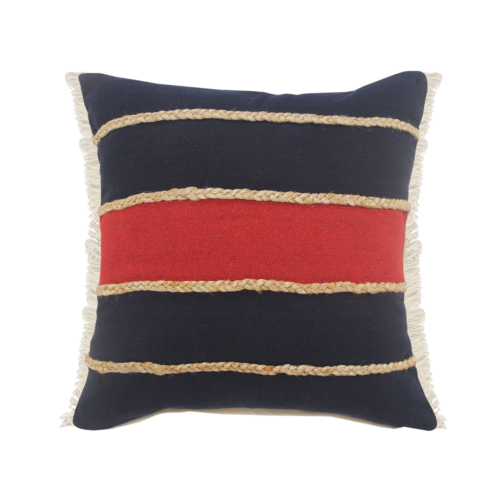 20" Navy and Red Striped Cotton Lumbar Pillow with Jute Braiding