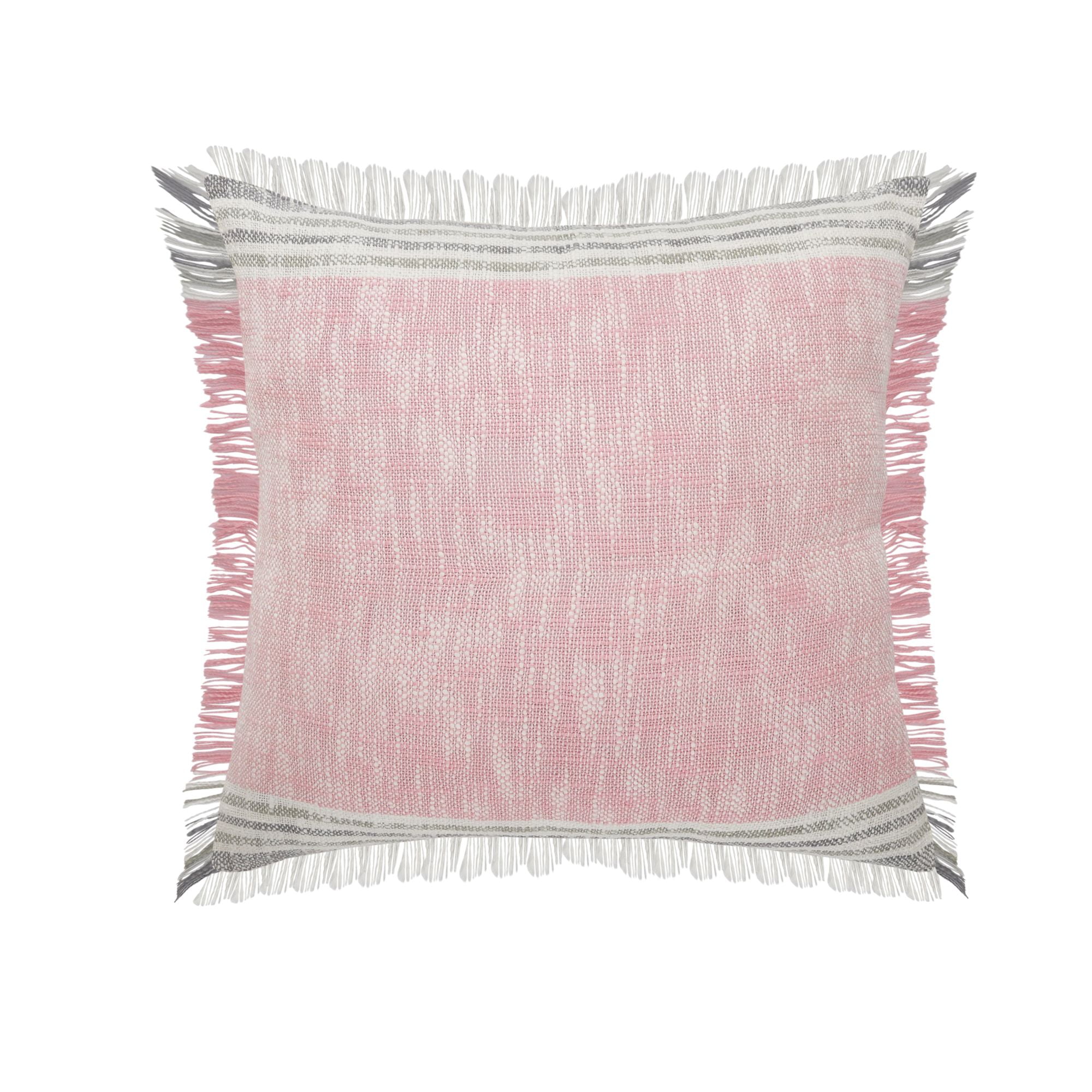 20" Pink and Gray Cotton Handmade Square Throw Pillow with Fringe