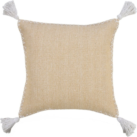 Laddha Home Designs 20" Tan and White Stonewash Embroidered Edge Square Throw Pillow with Tassels