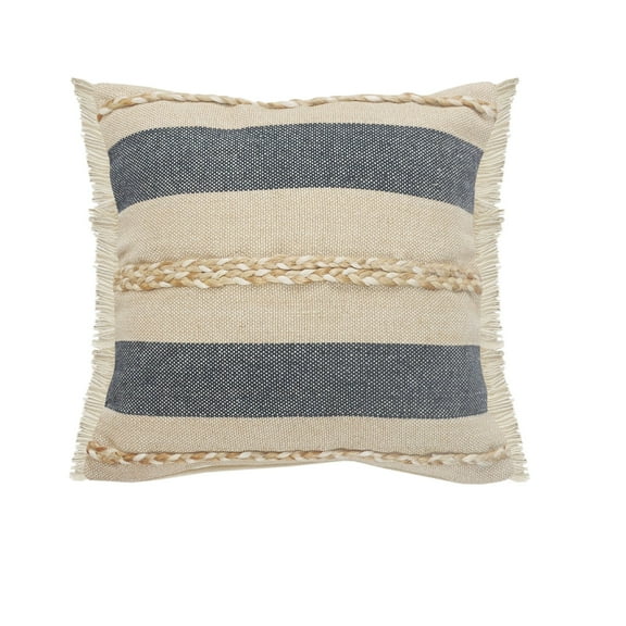 Laddha Home Designs 24" Blue and Tan Striped Square Throw Pillow with Jute Braiding