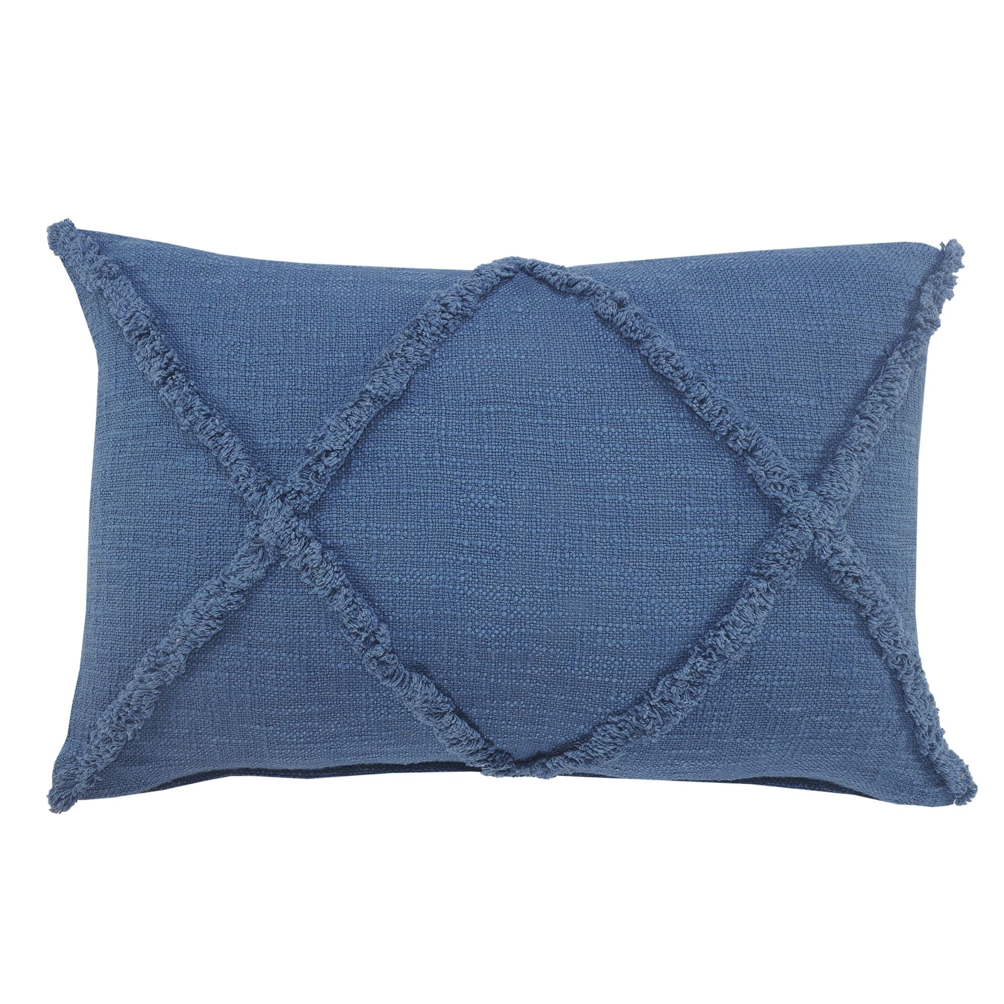 Navy Blue Hand-Woven Diamond Tufted Cotton Rectangular Throw Pillow