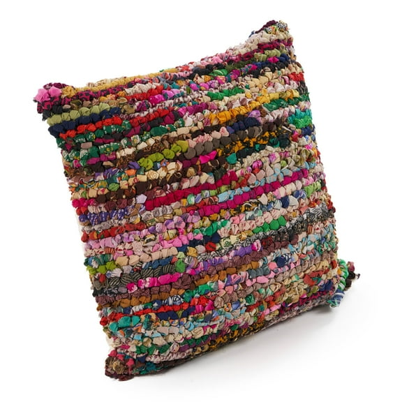 Laddha Home Designs 26" Vibrantly Colored Chindi Stripe Square Floor Pillow