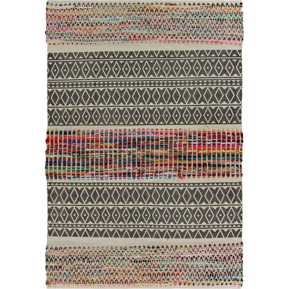 Laddha Home Designs 3' x 5' Gray and Red Geometric Chindi Handmade Rectangular Area Throw Rug