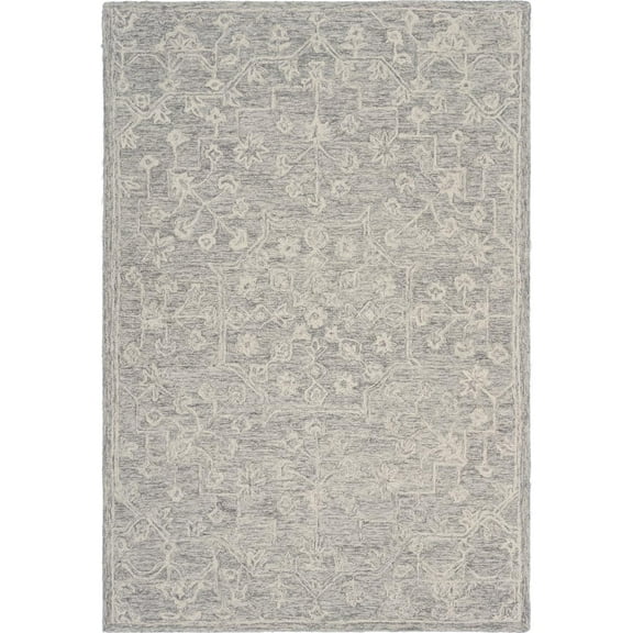 Laddha Home Designs 3' x 5' Silver and Gray Floral Hand Hooked Rectangular Wool Area Throw Rug
