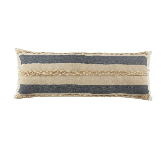 Laddha Home Designs 36" Blue and Tan Striped Rectangular Lumbar Pillow with Jute Braiding