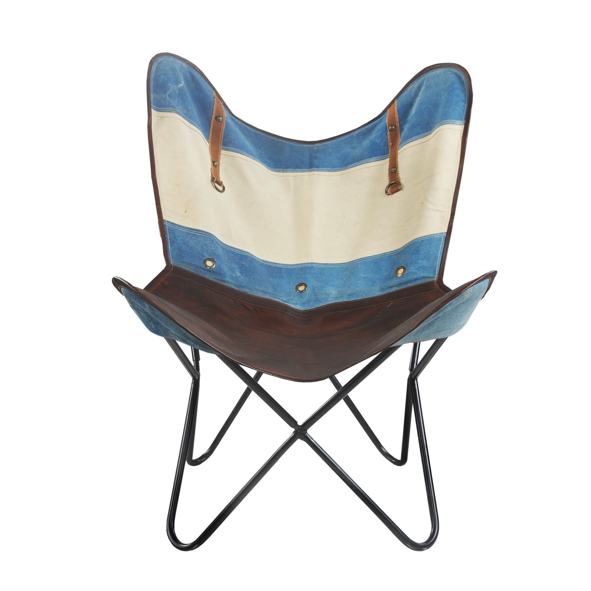 37" Blue and Off-White Striped Leather Accent Chair