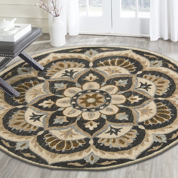 Laddha Home Designs 4' Black and Beige Floral Hand Tufted Round Wool Area Throw Rug
