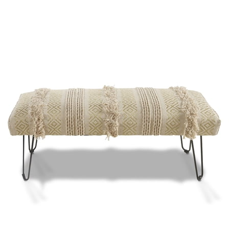 Laddha Home Designs 47" Beige and Gold Geometric Tufted Rectangular Bench