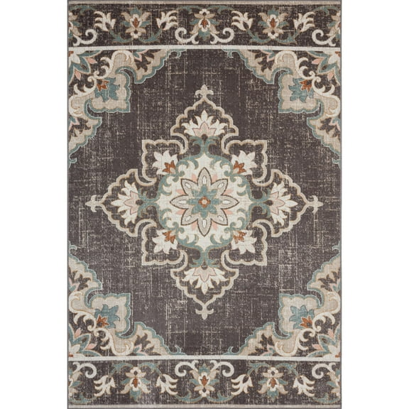 Laddha Home Designs 5.25' x 7.75' Brown and Green Rustic Medallion Rectangular Outdoor Area Throw