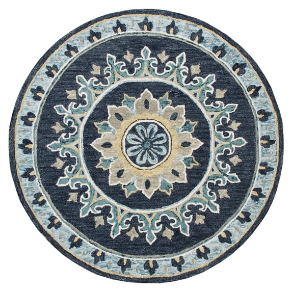 Laddha Home Designs 5' Blue and Yellow Floral Medallion Hand Hooked Round Area Throw Rug