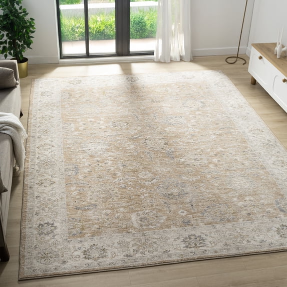 Laddha Home Designs 5' x 7.75' Bordered Damask Area Throw Rug - Brown and Cream