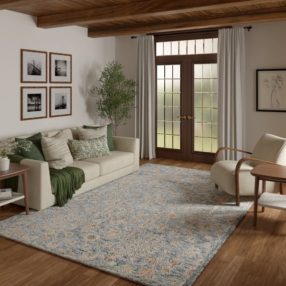 Laddha Home Designs 5' x 7.75' Hand Tufted Abstract Floral Area Throw Rug - Blue and Cream