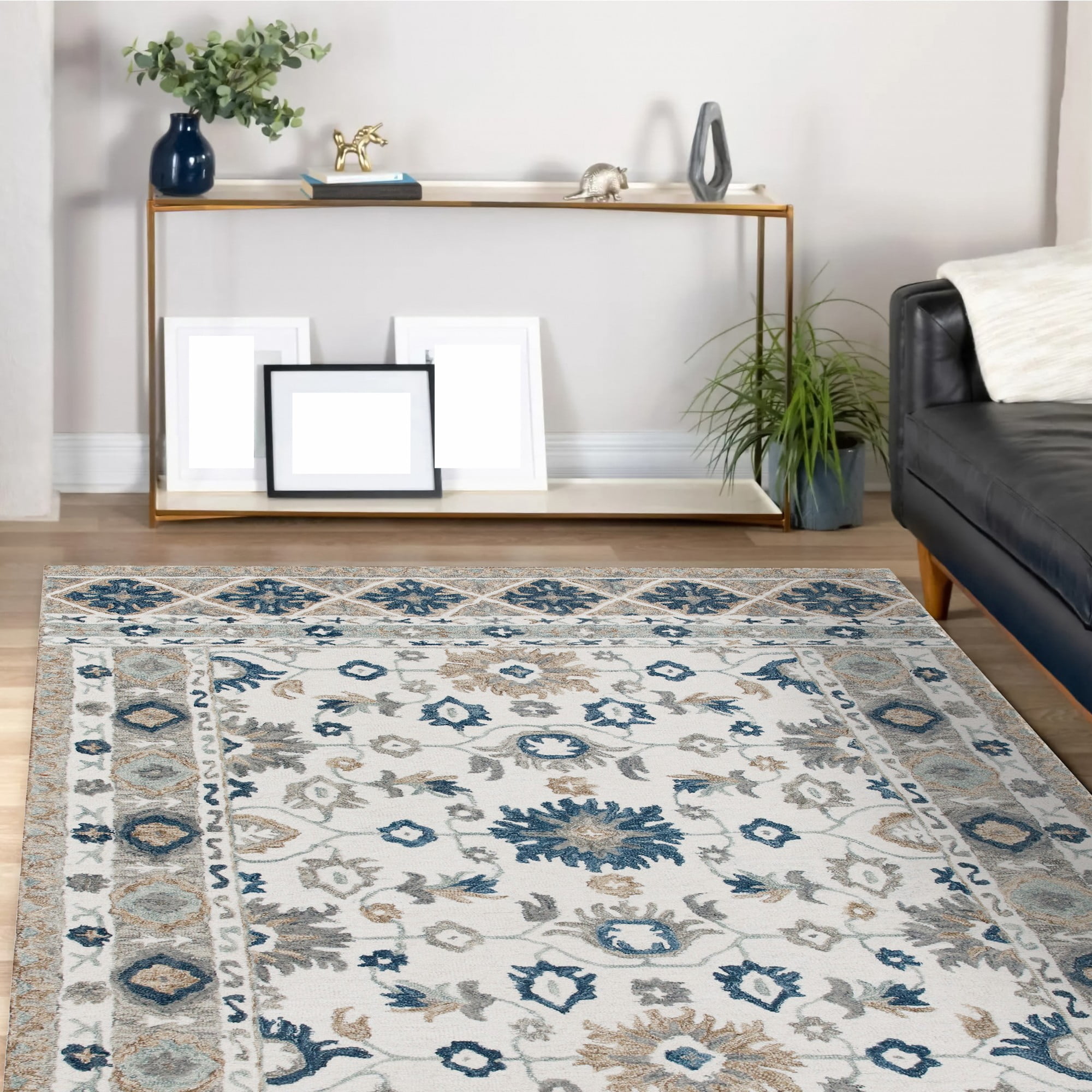 Laddha Home Designs 5' x 7.75' Hand Tufted Floral Wool Area Throw Rug - Cream and Blue