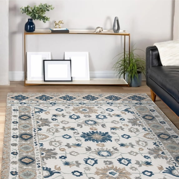 Laddha Home Designs 5' x 7.75' Hand Tufted Floral Wool Area Throw Rug - Cream and Blue