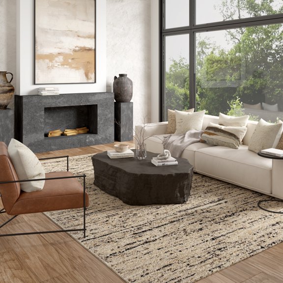 Laddha Home Designs 5' x 7.75' Handwoven Abstract Striped Wool Area Throw Rug - Beige and Black