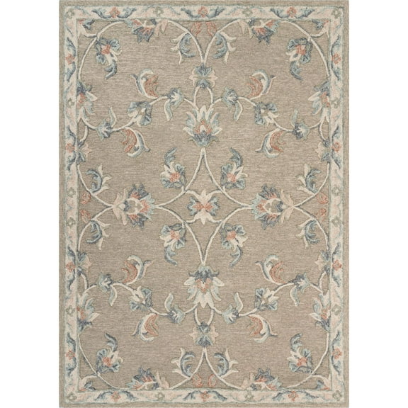 Laddha Home Designs 5' x 7' Beige and Blue Floral Hand Tufted Rectangular Area Throw Rug