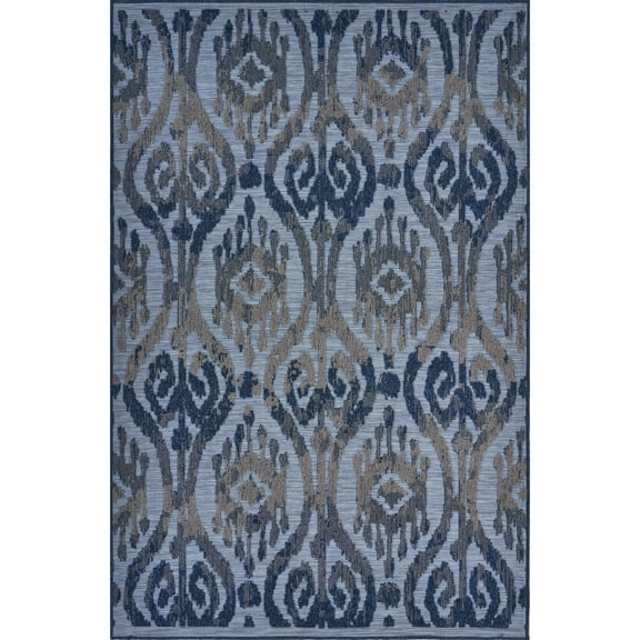Laddha Home Designs 5' x 7' Blue and Tan Ikat Rectangular Outdoor Area Throw Rug
