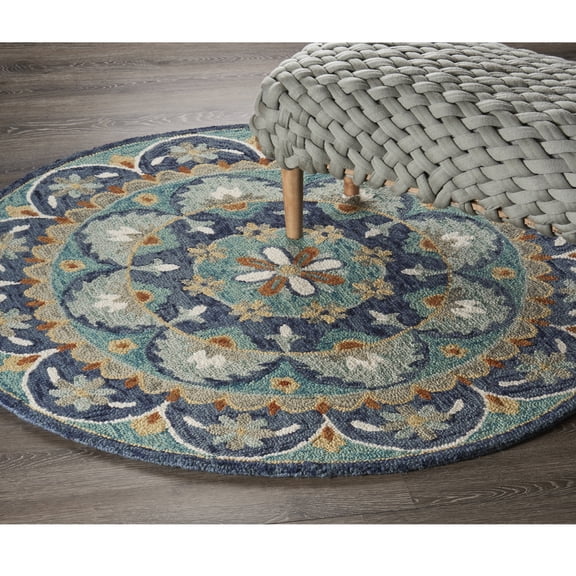 Laddha Home Designs 6' Blue and Green Floral Hand Tufted Round Wool Area Throw Rug