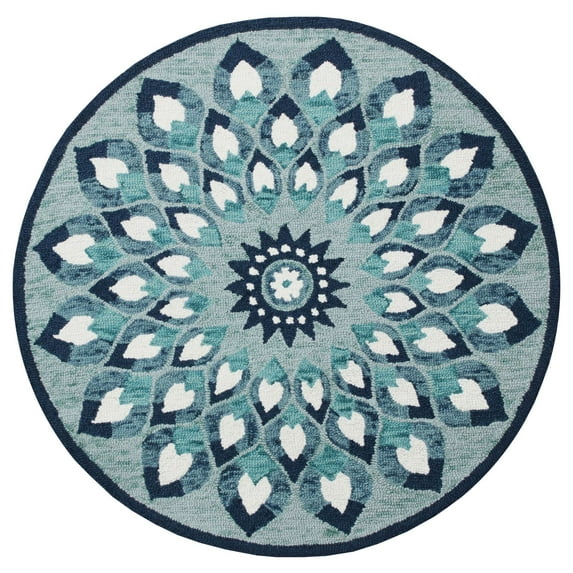 Laddha Home Designs 6' White and Blue Floral Medallion Hand Tufted Round Wool Area Throw Rug