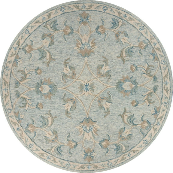 Laddha Home Designs 7.25' Blue and Beige Floral Hand Tufted Round Area Throw Rug
