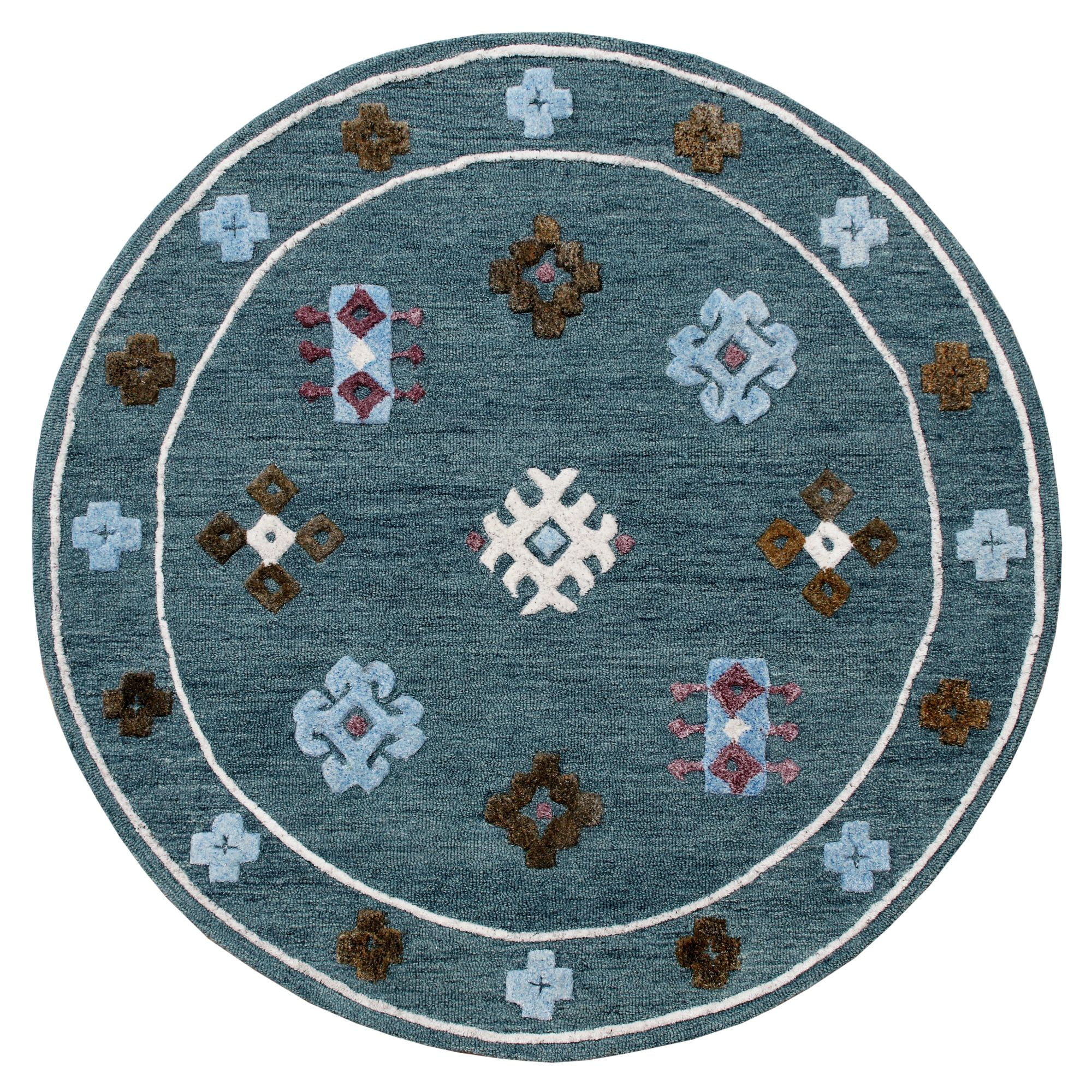 Handmade 7' Blue and Gray Geometric Wool Round Rug