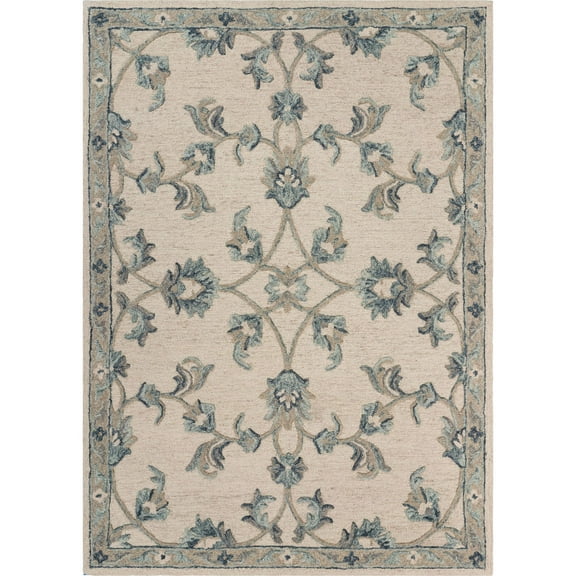Laddha Home Designs 7' x 9' Ivory and Blue Floral Hand Tufted Rectangular Area Throw Rug