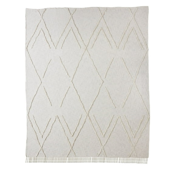 Laddha Home Designs 90" Cream Geometric Diamond Coverlet with Fringe - Queen Size
