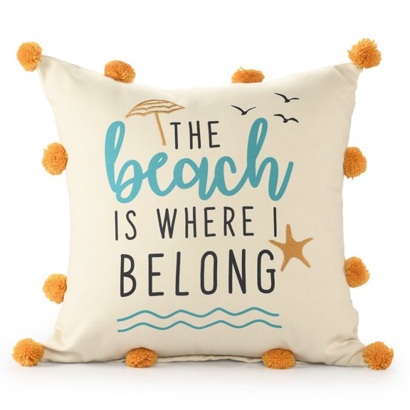 Laddha Home Designs Beach Printed Square Throw Pillow with Pom-Pom - 18" - Beige and Orange