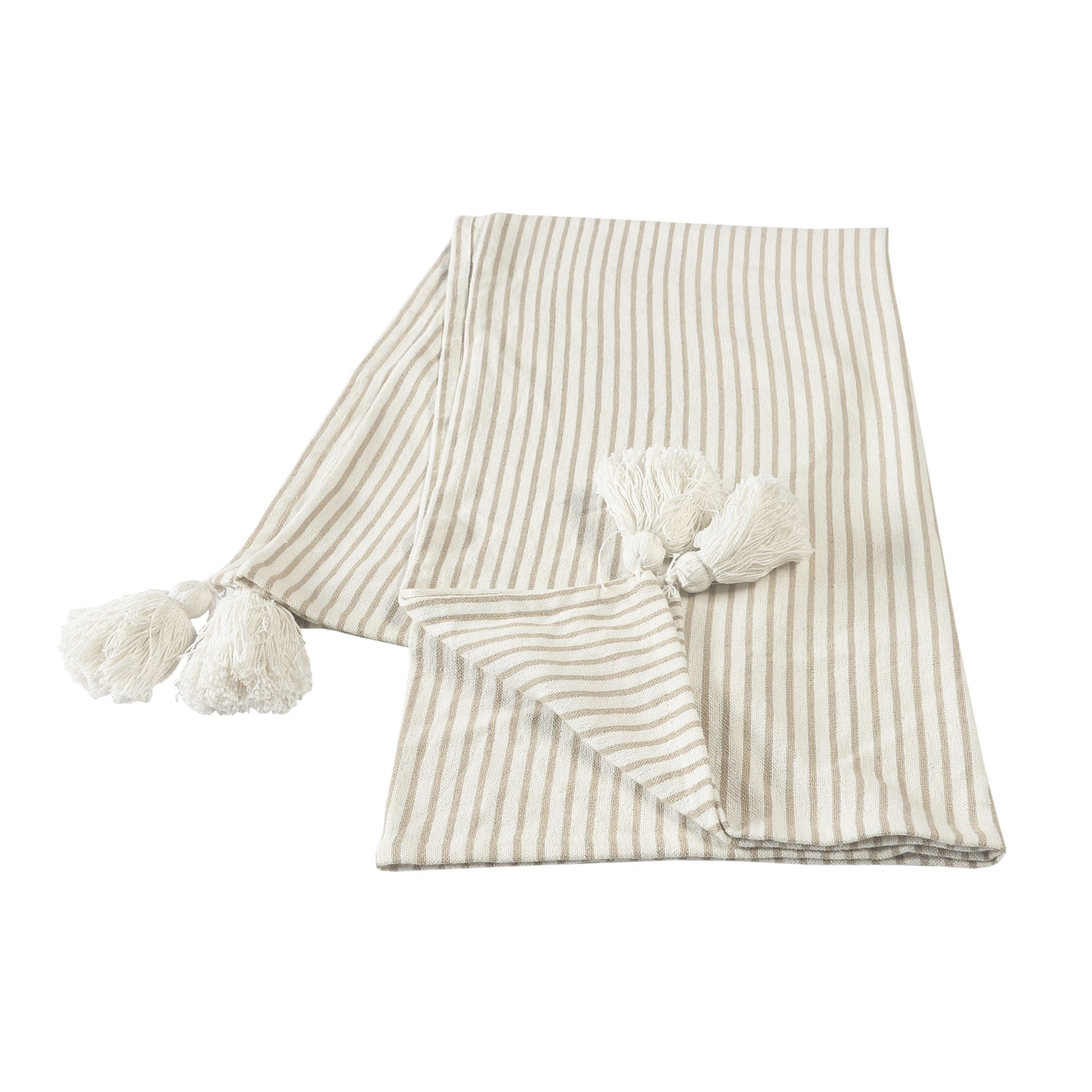 Beige and Ivory Cotton Striped Throw Blanket with Tassels