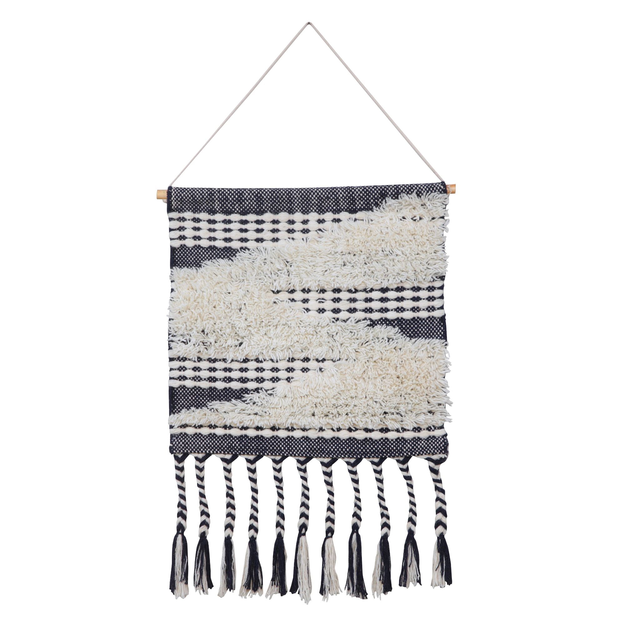 Boho Navy Blue and White Cotton Fringed Wall Hanging Tapestry 35" x 19"