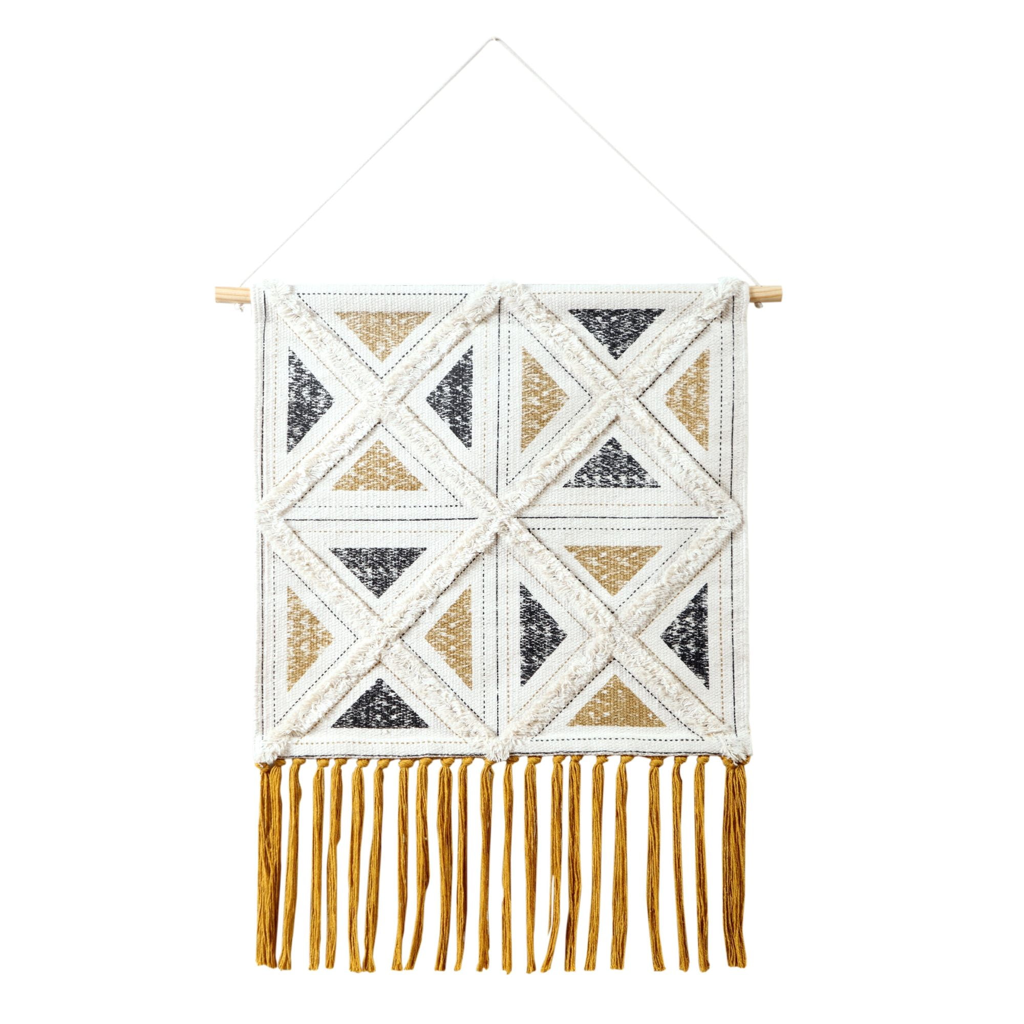 Beige and Black Geometric Cotton Wall Hanging Tapestry with Fringe