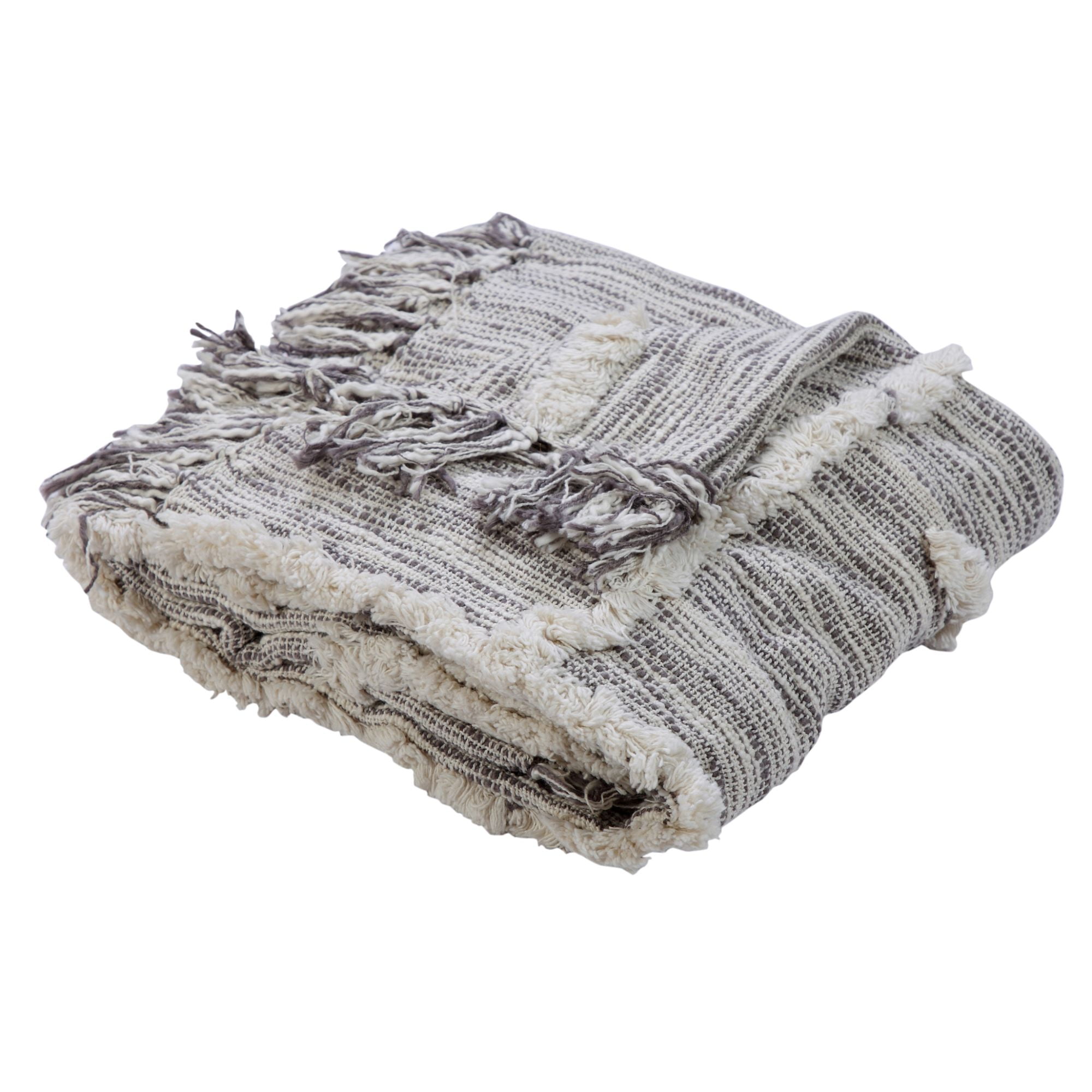 Gray and Ivory Cotton Handmade Throw Blanket with Fringes 50" x 60"