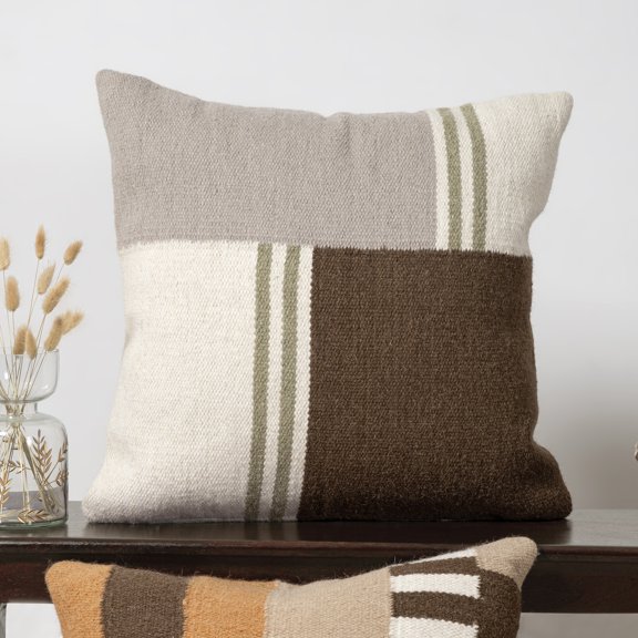 Laddha Home Designs Handmade Color Block Throw Pillow - 24" - Brown and Cream