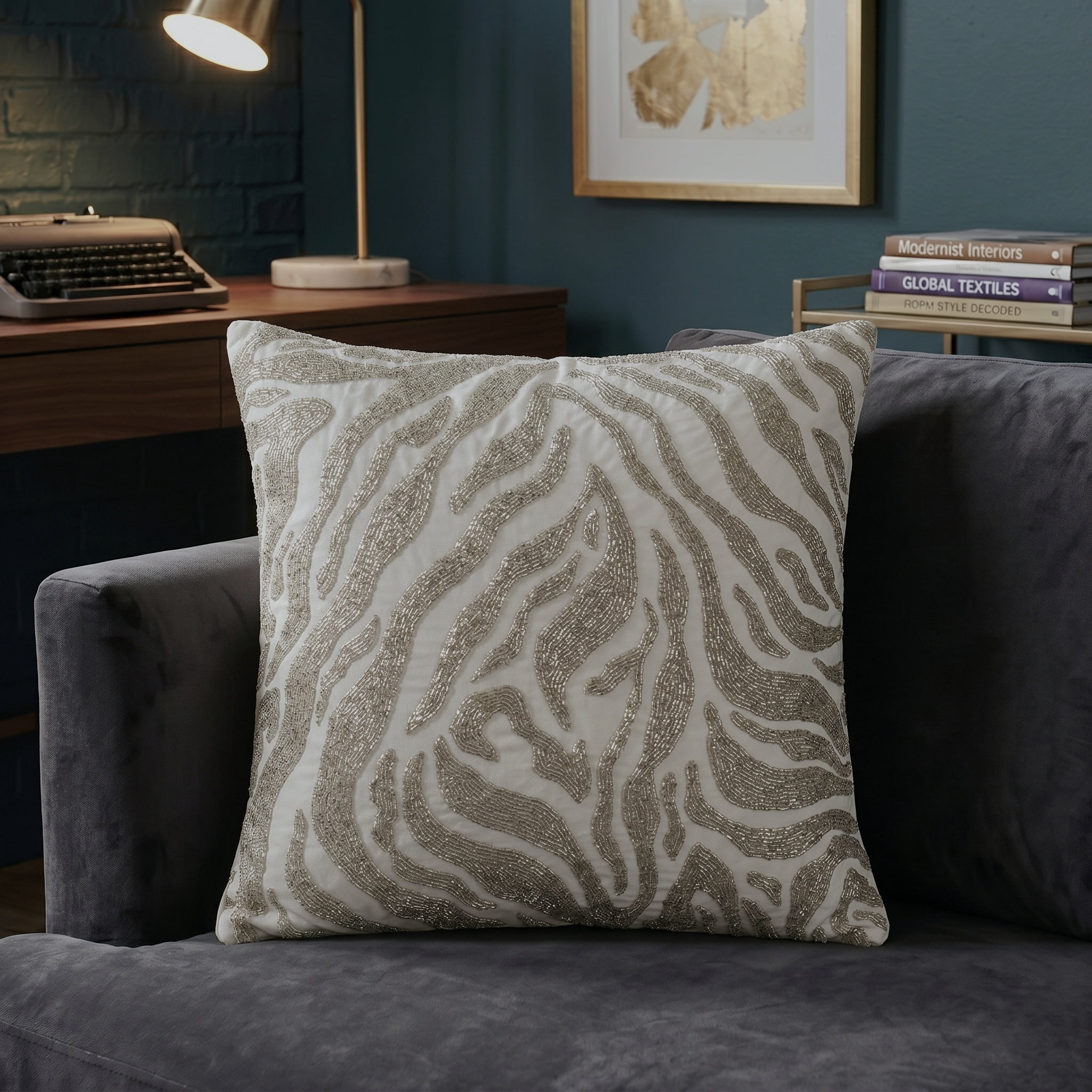 Harlow Hill Demi Ivory/Silver Zebra Print 20" x 20" Performance Adult Decorative Feather Filled Pillow