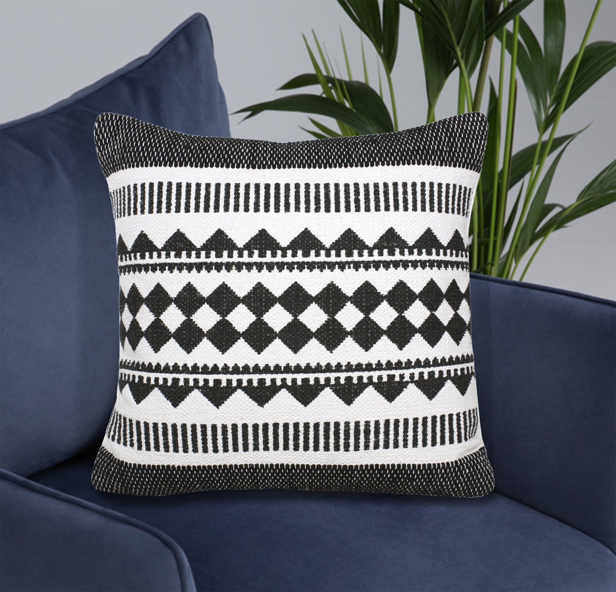 Harlow Hill Naomi 20" x 20" Tribal Cotton Blend Adult Decorative Feather Filled Pillow, Ebony Black/White