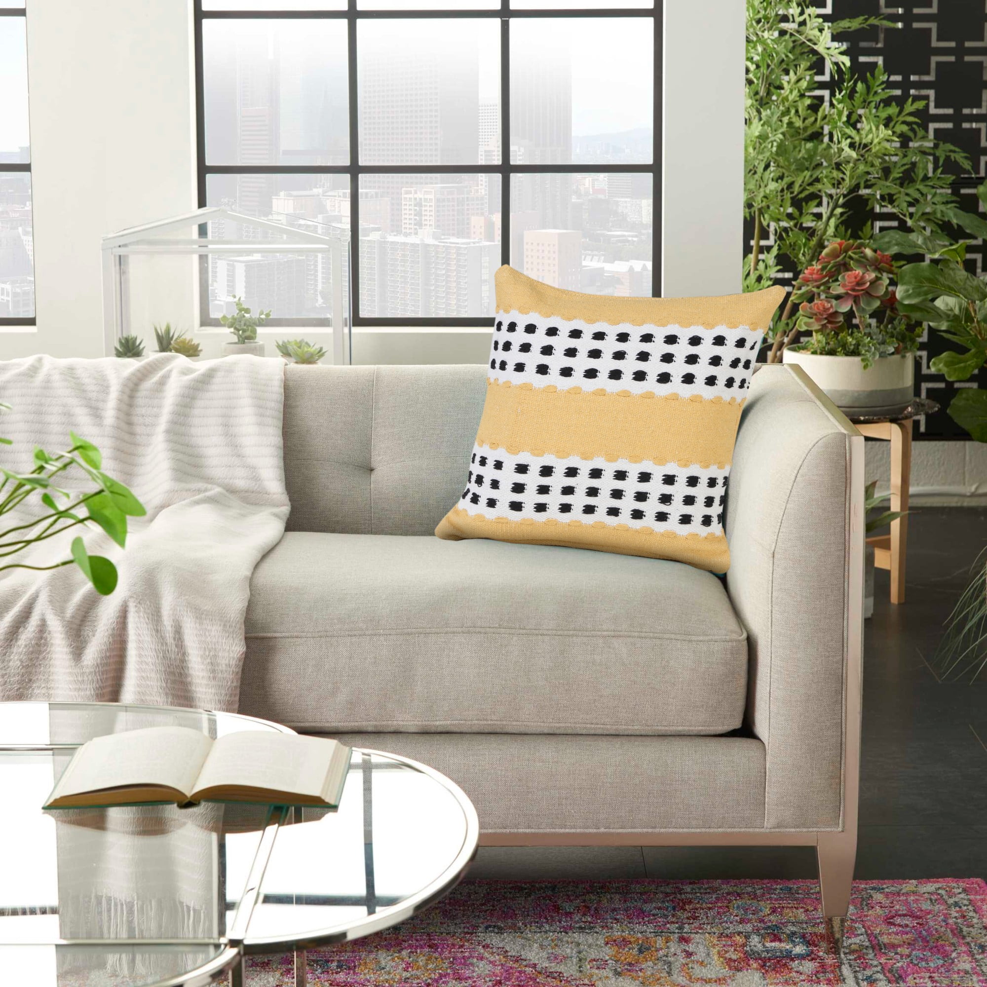 Harlow Hill Glenn 20" x 20" Striped Cotton Adult Decorative Feather Filled Pillow, Yellow/Black/White
