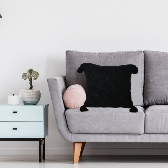 Laddha Home Designs Handwoven Cotton Throw Pillow with Tassels - 20" - Jet Black