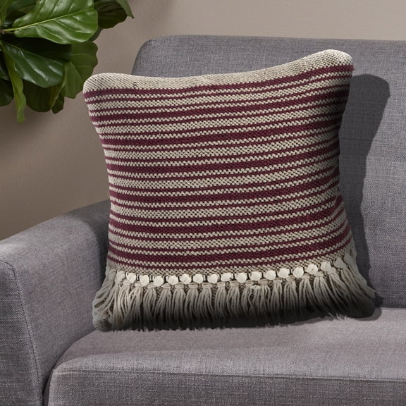 Laddha Home Designs Handwoven Striped Square Throw Pillow with Fringes - 20" - Maroon and Cream