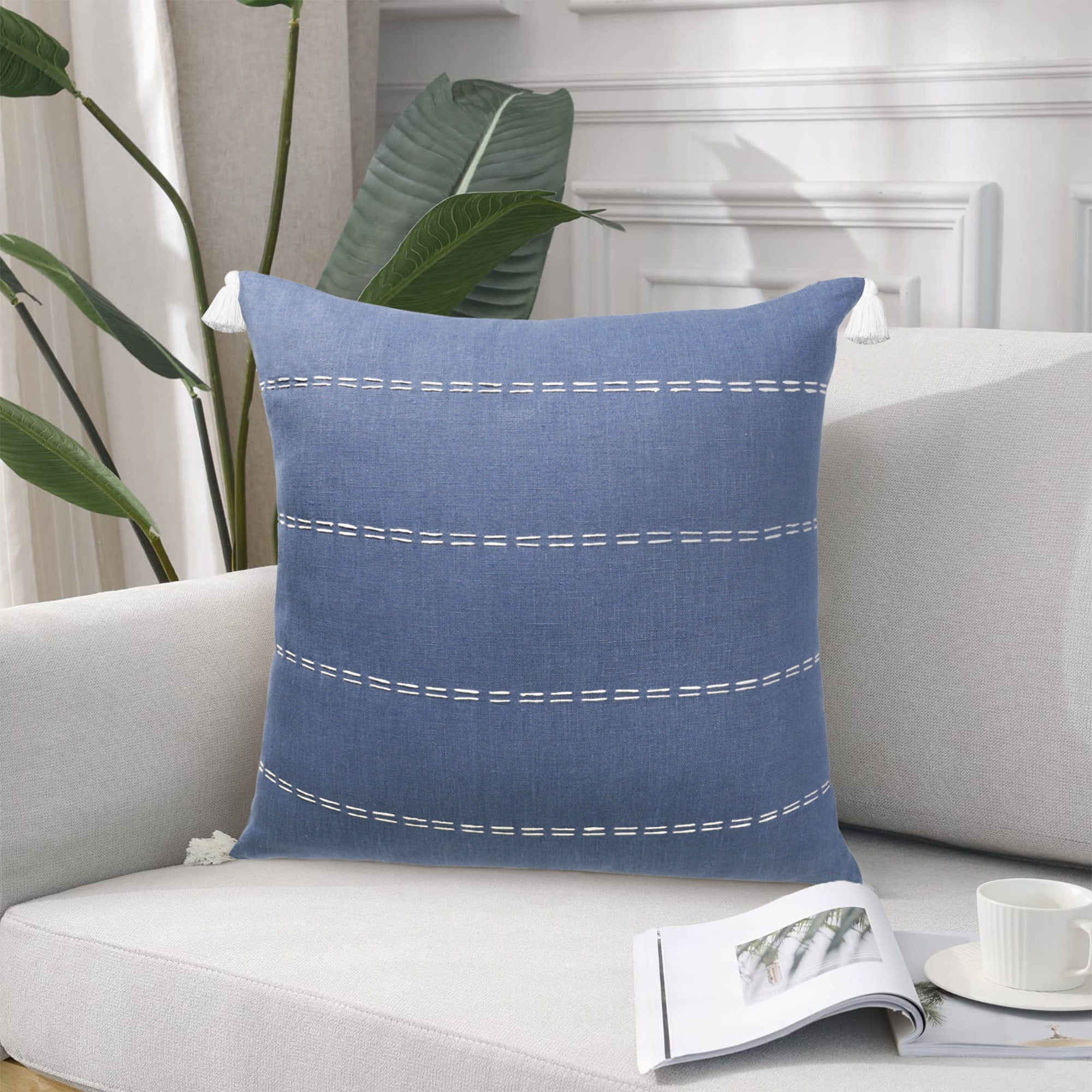 Harlow Hill Faye Navy Striped 20" x 20" Linen Adult Decorative Feather Filled Pillow