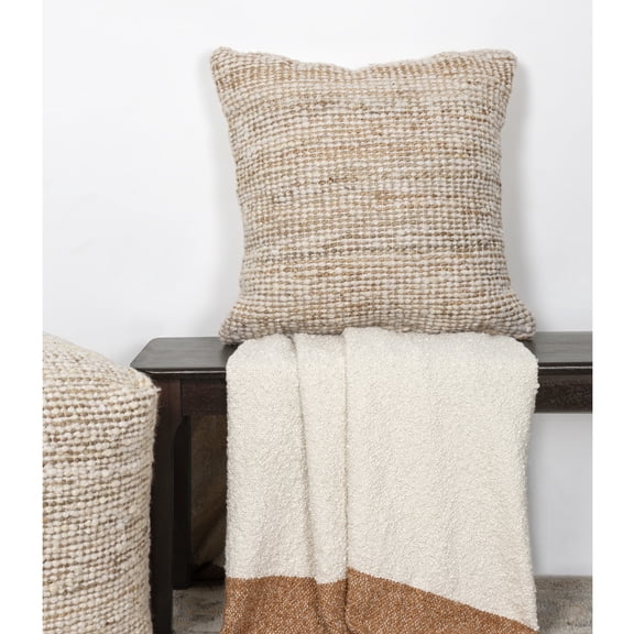 Laddha Home Designs Handwoven Textured Stripe Wool Square Throw Pillow - 22" - Cream and Brown