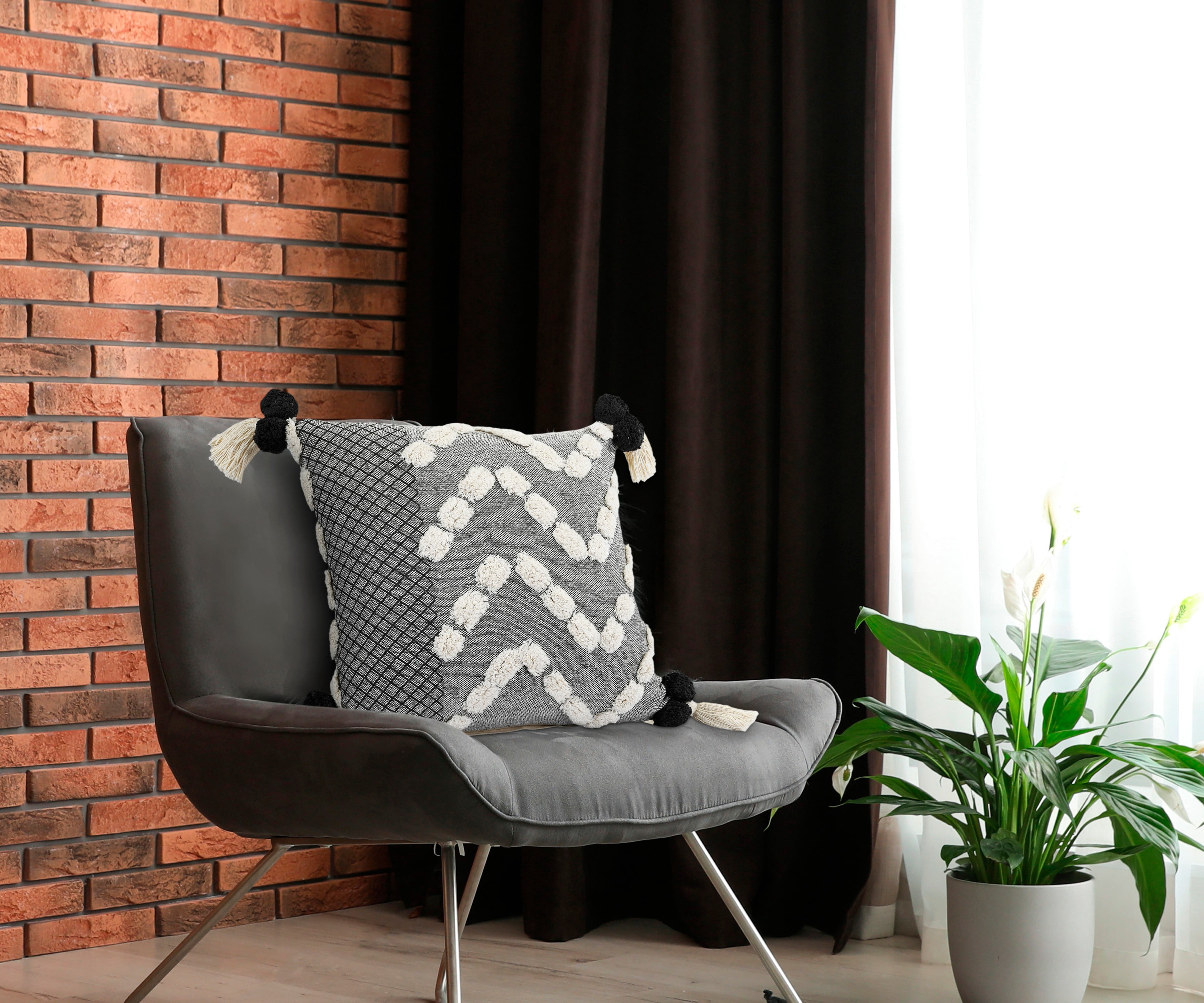 Harlow Hill Aaron 20" x 20" Geometric Cotton Adult Decorative Feather Filled Pillow, Black/Gray/Cream