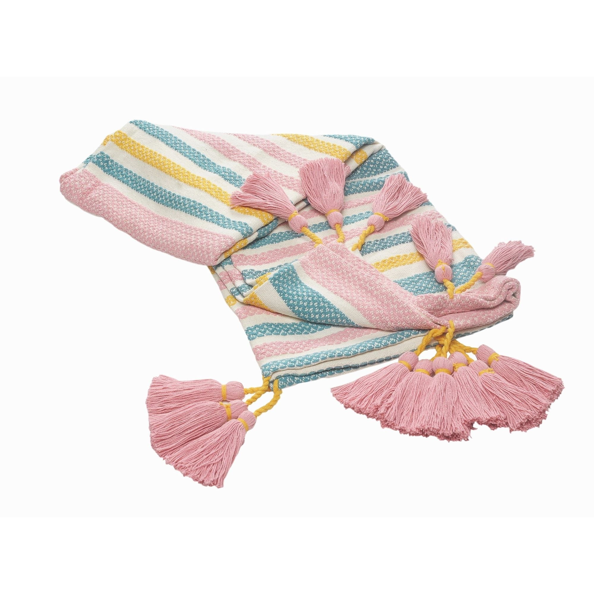 Pastel Pink and Blue Striped Cotton Throw Blanket with Tassels