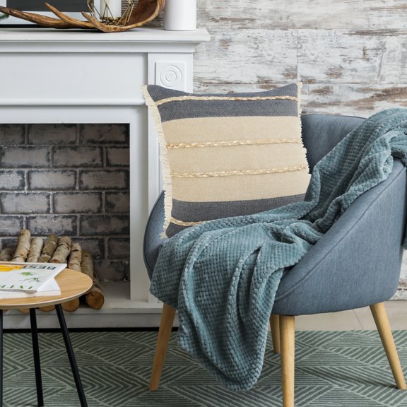 Laddha Home Designs Power-Loomed Braided Stripe Square Throw Pillow Cover - 20" - Beige and Navy