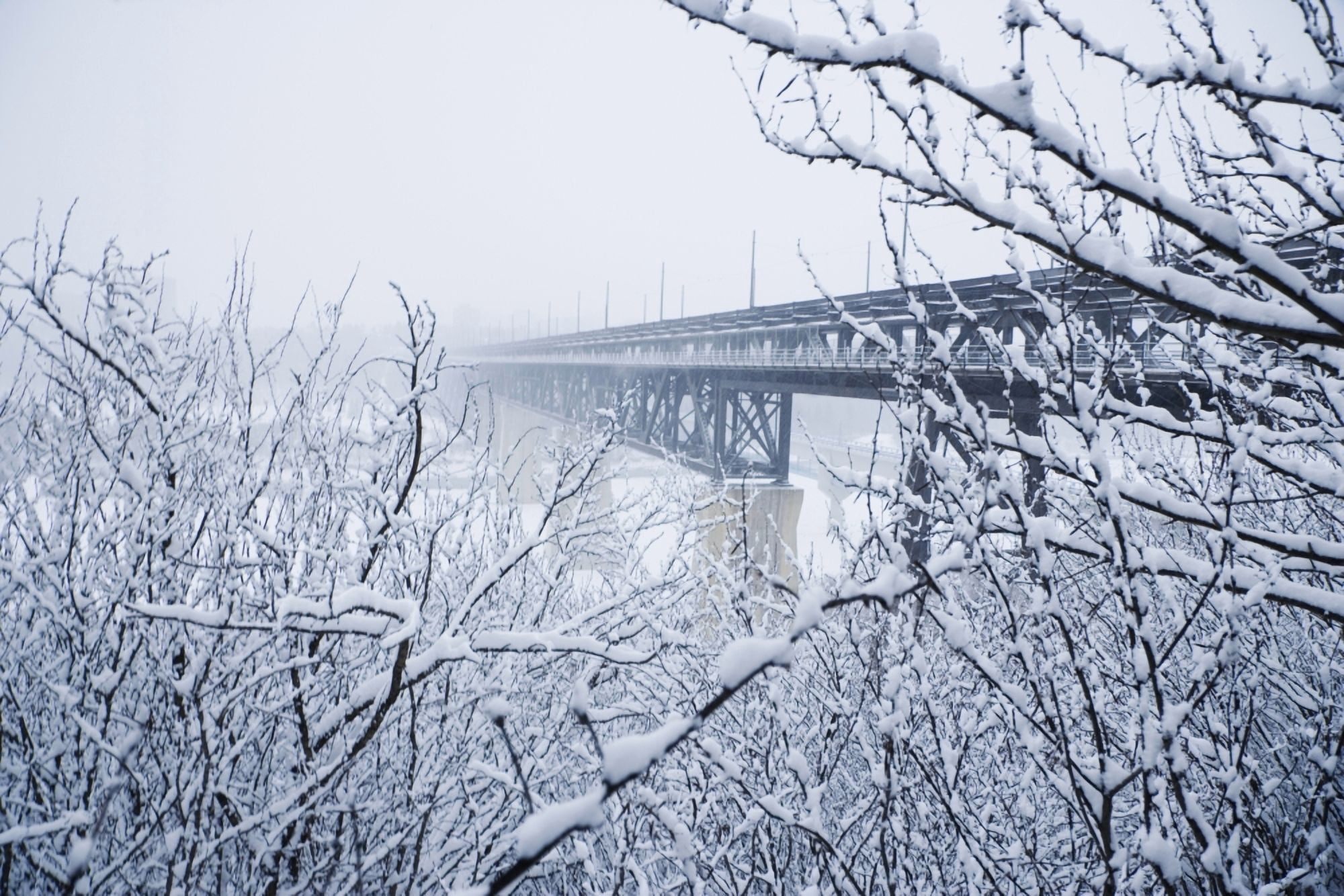 Laden Branches Framing View Of Bridge In Winter Canvas Art - Darren Greenwood Design Pics (18 x 12)