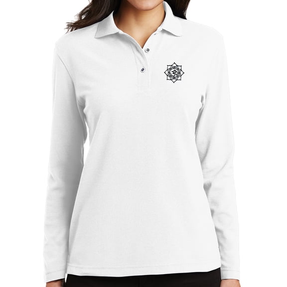 Ladie's Black Lotus Om Patch Moisture-Wicking Long Sleeve Polo Shirt, 2XL White